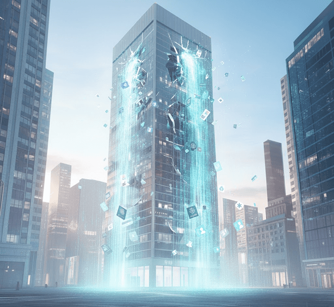 Digital cityscape representing data flow and security